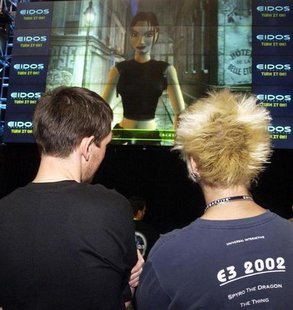 Virtual celebrity Lara Croft speaks to participants attending the 8th annual Electronic Entertainment Expo, about the anticipated release of Virtual celebrity Lara Croft speaks to participants attending the 8th annual Electronic Entertainment Expo, about the anticipated release of
