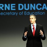 U.S. Secretary of Education Arne Duncan addresses a crowd of teachers and politicians during an event to bring physical activity back to sch U.S. Secretary of Education Arne Duncan addresses a crowd of teachers and politicians during an event to bring physical activity back to sch