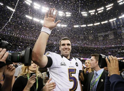 Baltimore Ravens quarterback Joe Flacco celebrates after his team defeated the San Francisco 49ers in the NFL Super Bowl XLVII football game Baltimore Ravens quarterback Joe Flacco celebrates after his team defeated the San Francisco 49ers in the NFL Super Bowl XLVII football game