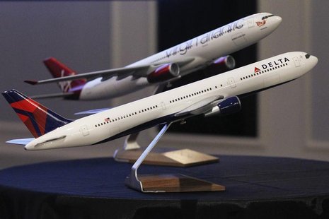 Aircraft models are seen following a news conference to announce the sale of Virgin Atlantic airline to Delta Air Lines, in New York Decembe Aircraft models are seen following a news conference to announce the sale of Virgin Atlantic airline to Delta Air Lines, in New York Decembe