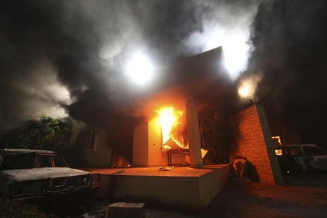 The U.S. Consulate in Benghazi is seen in flames during a protest by an armed group said to have been protesting a film being produced in th The U.S. Consulate in Benghazi is seen in flames during a protest by an armed group said to have been protesting a film being produced in th
