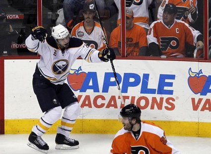 Buffalo Sabres winger Patrick Kaleta (top) celebrates his game winning goal against the Philadelphia Flyers during the third period of Game Buffalo Sabres winger Patrick Kaleta (top) celebrates his game winning goal against the Philadelphia Flyers during the third period of Game