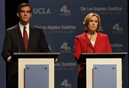 Los Angeles Mayoral candidates Eric Garcetti and Wendy Greuel on stage during a debate of candidates at UCLA's Royce Hall in Los Angeles, Ca Los Angeles Mayoral candidates Eric Garcetti and Wendy Greuel on stage during a debate of candidates at UCLA's Royce Hall in Los Angeles, Ca