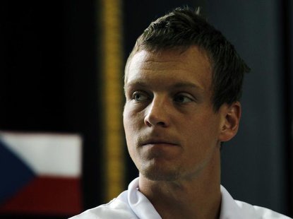Czech Republic's Tomas Berdych attends the drawing ceremony for the Davis Cup tie quarterfinals between Czech Republic and Serbia at Prague' Czech Republic's Tomas Berdych attends the drawing ceremony for the Davis Cup tie quarterfinals between Czech Republic and Serbia at Prague'