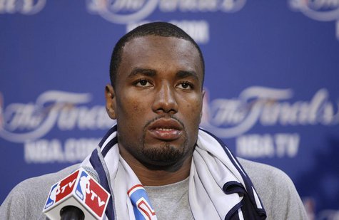 Oklahoma Thunder's Serge Ibaka speaks to the media before practice for Game 3 of the NBA basketball finals in Miami, Florida June 16, 2012. Oklahoma Thunder's Serge Ibaka speaks to the media before practice for Game 3 of the NBA basketball finals in Miami, Florida June 16, 2012.