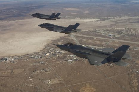 Three F-35 Joint Strike Fighters (rear to front) AF-2, AF-3 and AF-4, can be seen flying over Edwards Air Force Base in this December 10, 20 Three F-35 Joint Strike Fighters (rear to front) AF-2, AF-3 and AF-4, can be seen flying over Edwards Air Force Base in this December 10, 20