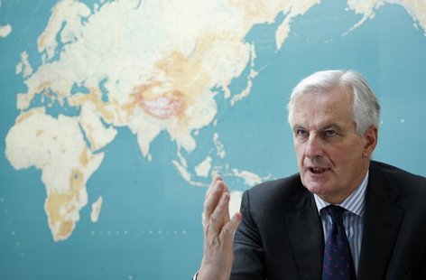 European Commissioner for Internal Market and Services Michel Barnier answers reporters' questions during an interview with Reuters at the E European Commissioner for Internal Market and Services Michel Barnier answers reporters' questions during an interview with Reuters at the E