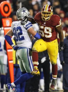 Washington Redskins linebacker London Fletcher (59) celebrates after defending a pass away from Dallas Cowboys tight end Jason Witten (82) d Washington Redskins linebacker London Fletcher (59) celebrates after defending a pass away from Dallas Cowboys tight end Jason Witten (82) d