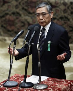 The Japan government's nominee for the Bank of Japan (BOJ) governor Haruhiko Kuroda delivers a speech at a hearings session at the lower hou The Japan government's nominee for the Bank of Japan (BOJ) governor Haruhiko Kuroda delivers a speech at a hearings session at the lower hou