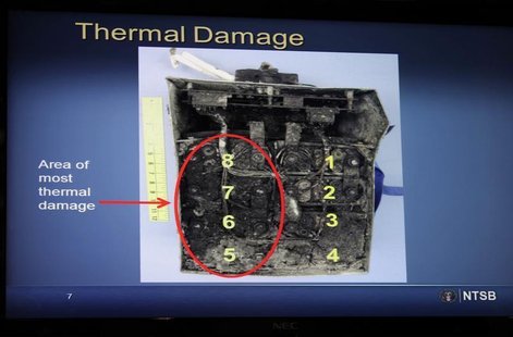 Damaged batteries are seen on a screen during a news conference on an investigation into the January 7 fire that occurred on a Japan Airline Damaged batteries are seen on a screen during a news conference on an investigation into the January 7 fire that occurred on a Japan Airline