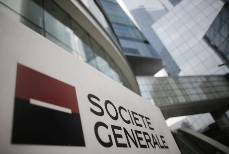 A logo is seen is seen in front of French bank Societe Generale headquarters in La Defense near Paris, February 13, 2013. REUTERS/Christian A logo is seen is seen in front of French bank Societe Generale headquarters in La Defense near Paris, February 13, 2013. REUTERS/Christian