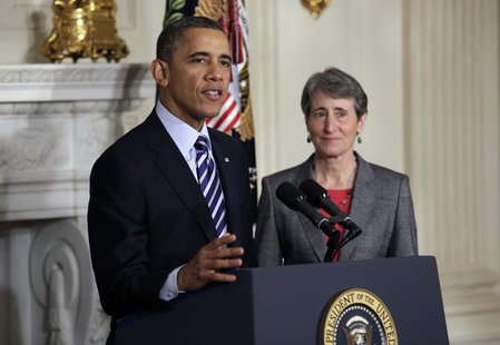U.S. President Barack Obama announces the nomination of Sally Jewell, CEO of Recreational Equipment Inc., to Interior Secretary at the White U.S. President Barack Obama announces the nomination of Sally Jewell, CEO of Recreational Equipment Inc., to Interior Secretary at the White