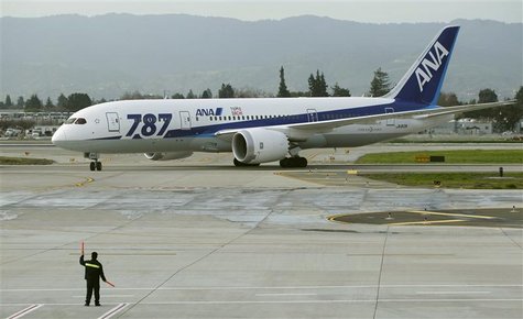 An All Nippon Airways Boeing 787 Dreamliner passenger jet is directed to its gate after arriving from Tokyo at San Jose International Airpor An All Nippon Airways Boeing 787 Dreamliner passenger jet is directed to its gate after arriving from Tokyo at San Jose International Airpor