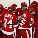 Detroit Red Wings players celebrate with teammate Niklas Kronwall (2nd R) after he scored the game winning goal against Edmonton Oilers goal Detroit Red Wings players celebrate with teammate Niklas Kronwall (2nd R) after he scored the game winning goal against Edmonton Oilers goal