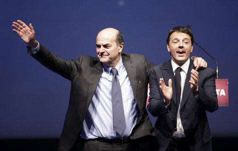 Italian PD (Democratic Party) leader Pierluigi Bersani (L) waves next to mayor of Florence Matteo Renzi during a political rally in Florence Italian PD (Democratic Party) leader Pierluigi Bersani (L) waves next to mayor of Florence Matteo Renzi during a political rally in Florence