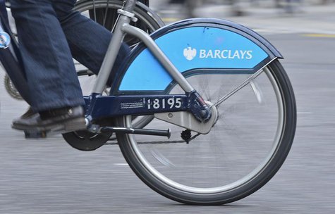The Barclays logo is seen on a rental bike being ridden by a commuter in London February 12, 2013. REUTERS/Toby Melville The Barclays logo is seen on a rental bike being ridden by a commuter in London February 12, 2013. REUTERS/Toby Melville