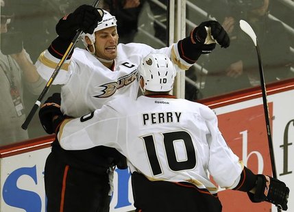 Anaheim Ducks' Ryan Getzlaf (L) celebrates his goal against the Chicago Blackhawks with teammate Corey Perry during the second period of the Anaheim Ducks' Ryan Getzlaf (L) celebrates his goal against the Chicago Blackhawks with teammate Corey Perry during the second period of the