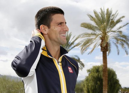 Novak Djokovic of Serbia ponders a trivia question about a fellow tennis player while he is interviewed at the BNP Paribas Open ATP tennis t Novak Djokovic of Serbia ponders a trivia question about a fellow tennis player while he is interviewed at the BNP Paribas Open ATP tennis t