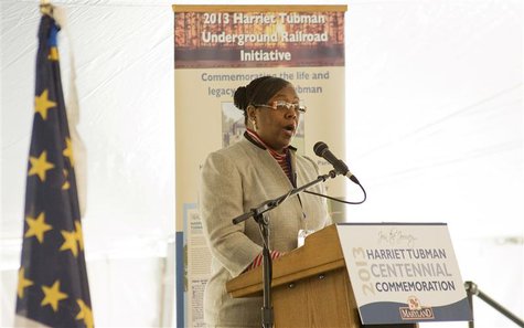 Harriet Tubman's great-great-great-neice, Patricia Ross-Hawkins, gives a speech during the groundbreaking of the Harriet Tubman Underground Harriet Tubman's great-great-great-neice, Patricia Ross-Hawkins, gives a speech during the groundbreaking of the Harriet Tubman Underground