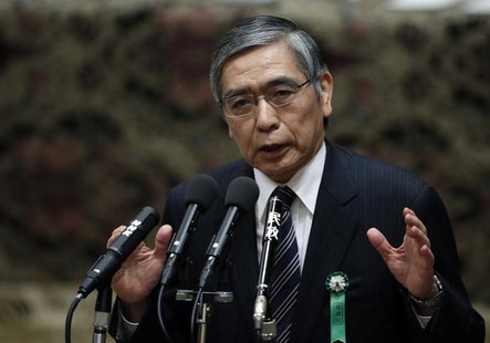 The Japan government's nominee for the Bank of Japan (BOJ) governor Haruhiko Kuroda delivers a speech at a hearings session at the lower hou The Japan government's nominee for the Bank of Japan (BOJ) governor Haruhiko Kuroda delivers a speech at a hearings session at the lower hou