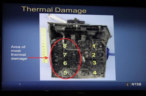 Damaged batteries are seen on a screen during a news conference on an investigation into the January 7 fire that occurred on a Japan Airline Damaged batteries are seen on a screen during a news conference on an investigation into the January 7 fire that occurred on a Japan Airline