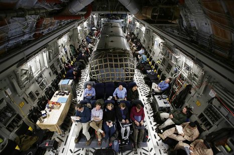 The "Silver Bullet" airstream trailer (C) carrying U.S. Secretary of Defense Chuck Hagel is pictured inside a U.S. Air Force C-17 aircraft t The "Silver Bullet" airstream trailer (C) carrying U.S. Secretary of Defense Chuck Hagel is pictured inside a U.S. Air Force C-17 aircraft t