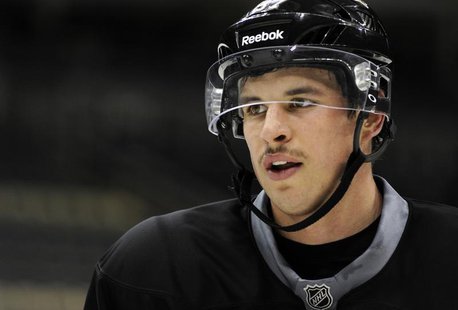 The Pittsburgh Penguins' Sidney Crosby participates in the "morning skate" in preparation for his return to action Monday night against the The Pittsburgh Penguins' Sidney Crosby participates in the "morning skate" in preparation for his return to action Monday night against the