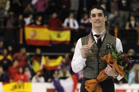 Gold medallist Javier Fernandez of Spain poses during the award ceremony for the men's skating at the European Figure Skating Championships Gold medallist Javier Fernandez of Spain poses during the award ceremony for the men's skating at the European Figure Skating Championships