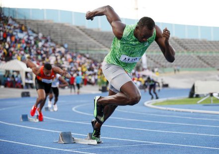 Jamaican runner Usain Bolt starts in the men's 400m race of the Camperdown Classic, an annual track event in its ninth year, in Kingston Feb Jamaican runner Usain Bolt starts in the men's 400m race of the Camperdown Classic, an annual track event in its ninth year, in Kingston Feb