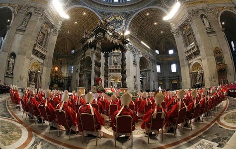 Cardinals attend a mass in St. Peter's Basilica at the Vatican March 12, 2013. REUTERS/Stefano Rellandini Cardinals attend a mass in St. Peter's Basilica at the Vatican March 12, 2013. REUTERS/Stefano Rellandini