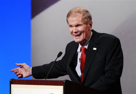 Democratic Senator Bill Nelson makes a point with Republican Representative Connie Mack IV (not pictured) during their U.S. Senate debate in Democratic Senator Bill Nelson makes a point with Republican Representative Connie Mack IV (not pictured) during their U.S. Senate debate in