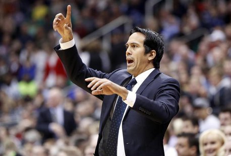 Miami Heat head coach Erik Spoelstra directs his team during the first half of their NBA basketball game against the Utah Jazz in Salt Lake Miami Heat head coach Erik Spoelstra directs his team during the first half of their NBA basketball game against the Utah Jazz in Salt Lake