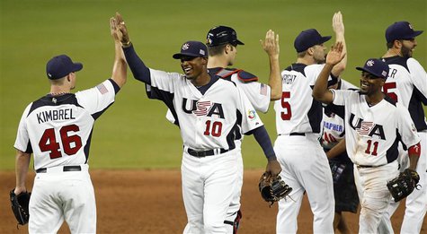 U.S. players Craig Kimbrel (L) and Adam Jones (10) high five as their team leaves the field after defeating Puerto Rico in their 2013 World U.S. players Craig Kimbrel (L) and Adam Jones (10) high five as their team leaves the field after defeating Puerto Rico in their 2013 World