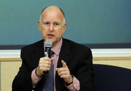 California Governor Jerry Brown gestures while addressing the audience during a summit meeting on the future of housing in California, in Oa California Governor Jerry Brown gestures while addressing the audience during a summit meeting on the future of housing in California, in Oa