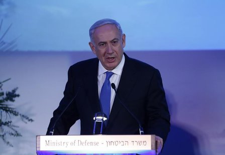 Israel's Prime Minister Benjamin Netanyahu speaks during a farewell event for outgoing Defence Minister Ehud Barak at Bar-Ilan University ne Israel's Prime Minister Benjamin Netanyahu speaks during a farewell event for outgoing Defence Minister Ehud Barak at Bar-Ilan University ne
