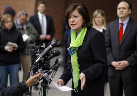 U.S. Attorney Carmen Ortiz speaks to reporters outside the federal courthouse after a hearing for Catherine Greig in Boston, Massachusetts M U.S. Attorney Carmen Ortiz speaks to reporters outside the federal courthouse after a hearing for Catherine Greig in Boston, Massachusetts M
