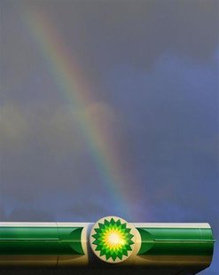 A rainbow is seen behind the logo of a BP fuel station in Barnstaple in south west England October 17, 2012. REUTERS/Toby Melville A rainbow is seen behind the logo of a BP fuel station in Barnstaple in south west England October 17, 2012. REUTERS/Toby Melville
