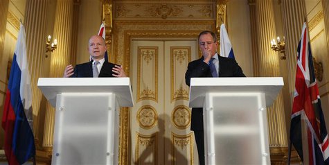 Britain's Foreign Secretary William Hague (L) and Russia's Foreign Minister Sergei Lavrov hold a joint news conference in Lancaster House in Britain's Foreign Secretary William Hague (L) and Russia's Foreign Minister Sergei Lavrov hold a joint news conference in Lancaster House in