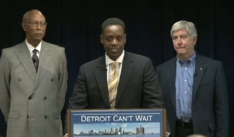 Kevyn Orr stands before a press conference flanked by Detroit Mayor Dave Bing and Governor Rick Snyder. Kevyn Orr stands before a press conference flanked by Detroit Mayor Dave Bing and Governor Rick Snyder.