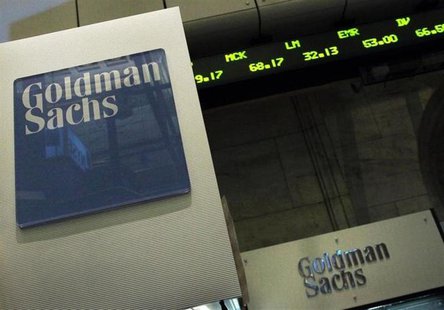 A Goldman Sachs sign is seen over their kiosk on the floor of the New York Stock Exchange, April 26, 2010. REUTERS/Brendan McDermid A Goldman Sachs sign is seen over their kiosk on the floor of the New York Stock Exchange, April 26, 2010. REUTERS/Brendan McDermid