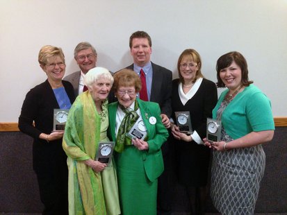 Honorees at the 60th Branch County Area Chamber of Commerce Community Awards Dinner. Back, L-R: Lola & Howard Taylor, co-owners, Taylor's Stationers, Business of the Year; Ken Delaney, Co-Chair, Tibbits Façade Restoration Committee, Outstanding Community Program of the Year; Susan Sobeske, Educator of the Year; Courtney Dirschell, Young Professional of the Year. Front, L-R: Shirley Bailey, Citizen of the Year; Mary Smith, Co-Chair, Tibbits Façade Restoration Committee Honorees at the 60th Branch County Area Chamber of Commerce Community Awards Dinner. Back, L-R: Lola & Howard Taylor, co-owners, Taylor's Stationers, Business of the Year; Ken Delaney, Co-Chair, Tibbits Façade Restoration Committee, Outstanding Community Program of the Year; Susan Sobeske, Educator of the Year; Courtney Dirschell, Young Professional of the Year. Front, L-R: Shirley Bailey, Citizen of the Year; Mary Smith, Co-Chair, Tibbits Façade Restoration Committee