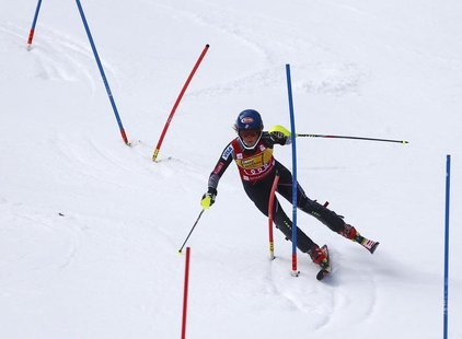 Mikaela Shiffrin from the U.S. clears a gate during her second run in the women's Alpine Skiing World Cup slalom race in Ofterschwang March Mikaela Shiffrin from the U.S. clears a gate during her second run in the women's Alpine Skiing World Cup slalom race in Ofterschwang March