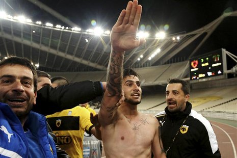 AEK Athens' Giorgos Katidis (C) celebrates a goal during a Super League soccer match against Veria at the Olympic stadium in Athens March 16 AEK Athens' Giorgos Katidis (C) celebrates a goal during a Super League soccer match against Veria at the Olympic stadium in Athens March 16