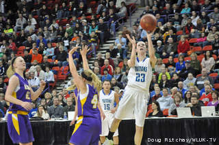 Notre Dame's Allie LeClaire puts up a shot against New Berlin Eisenhower during their Division 2 state title game at the Resch Center on Saturday. (courtesy of FOX 11). Notre Dame's Allie LeClaire puts up a shot against New Berlin Eisenhower during their Division 2 state title game at the Resch Center on Saturday. (courtesy of FOX 11).