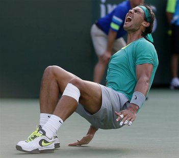 Rafael Nadal of Spain celebrates defeating Juan Martin Del Potro of Argentina in the men's singles final match to win the BNP Paribas Open A Rafael Nadal of Spain celebrates defeating Juan Martin Del Potro of Argentina in the men's singles final match to win the BNP Paribas Open A