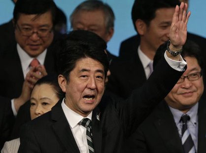 Japan's Prime Minister Shinzo Abe waves during the ruling Liberal Democratic Party (LDP) annual convention in Tokyo March 17, 2013. REUTERS/ Japan's Prime Minister Shinzo Abe waves during the ruling Liberal Democratic Party (LDP) annual convention in Tokyo March 17, 2013. REUTERS/