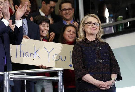 U.S. Secretary of State Hillary Clinton receives applause upon her departure from her last day in office at the State Department in Washingt U.S. Secretary of State Hillary Clinton receives applause upon her departure from her last day in office at the State Department in Washingt