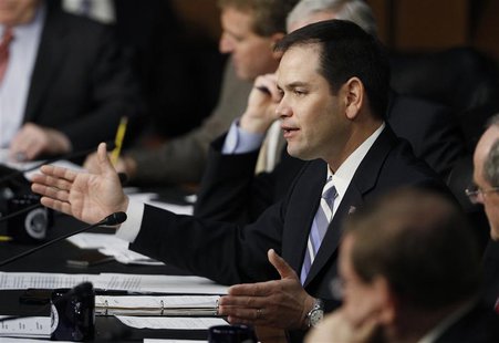 Senator Marco Rubio (R-FL) questions Senator John Kerry (Not Pictured) during a Senate Foreign Relations Committee confirmation hearing on K Senator Marco Rubio (R-FL) questions Senator John Kerry (Not Pictured) during a Senate Foreign Relations Committee confirmation hearing on K
