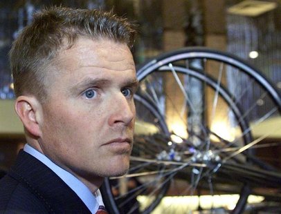 Danish cyclist Rolf Sorensen looks on during the Landbouwkrediet-Colnago cycling team presentation in Brussels January 21, 2002. REUTERS/Thi Danish cyclist Rolf Sorensen looks on during the Landbouwkrediet-Colnago cycling team presentation in Brussels January 21, 2002. REUTERS/Thi