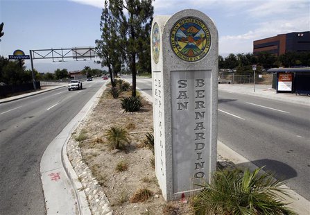 A concrete sign marking the city limits for San Bernardino, California is seen July 11, 2012. REUTERS/Alex Gallardo A concrete sign marking the city limits for San Bernardino, California is seen July 11, 2012. REUTERS/Alex Gallardo